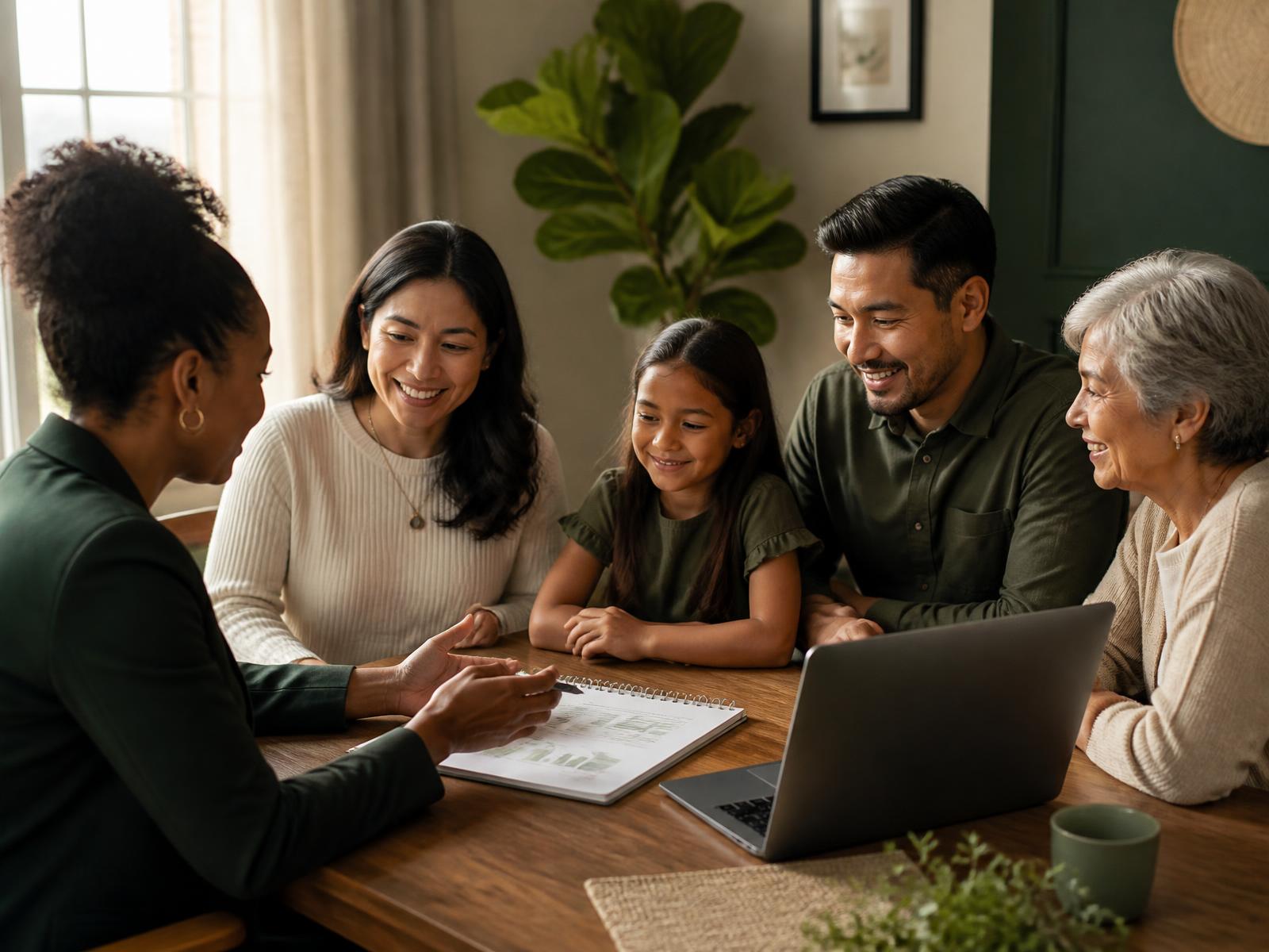 A financial coach reviewing a household budget with a multigenerational family at a dining table